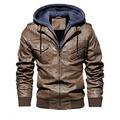 Volwassan Mens PU Faux Leather Jacket with Hood Casual Motorcycle Bomber Jacket Vintage Biker Leather Hoodie Winter Fleece Jacket Khaki