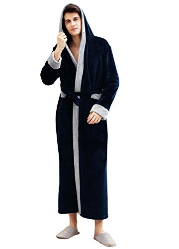LOFIR Mens Hooded Dressing Gown Winter Warm Fleece Flannel Bathrobe Soft Long Night Gown Fluffy Sleepwear Boys Lightweight Nightwear Spa Robe