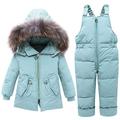 FAIRYRAIN Baby Kids Girls Boys 2pcs Hooded Fur Trim Letter Print Winter Warm Snowsuit Puffer Down Jacket with Snow Ski Bib Pants Set Blue