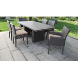 Belle Rectangular Outdoor Patio Dining Table w/ 4 Armless Chairs and 2 Chairs w/ Arms in Wheat - TK Classics Belle-Dtrec-Kit-4Adc2Dcc-Wheat