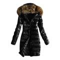 Lazzboy Coat Womens Jacket Hooded Paten Leather Cotton Quilted Faux Fur Hood Solid Casual Slim Fluffy Warm Parka Outwear Black