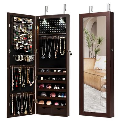 Costway Lockable Wall Mount Mirrored Jewelry Cabinet with LED Lights-Brown