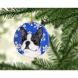 The Holiday Aisle® Boston Terrier Winter Snowflakes Holiday Christmas Hanging Figurine Ornament /Porcelain in Black/Blue | Wayfair