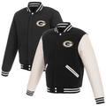 Men's JH Design Black/White Green Bay Packers 19 Mens Reversible Fleece Jacket W/ Faux Leather Sleeves