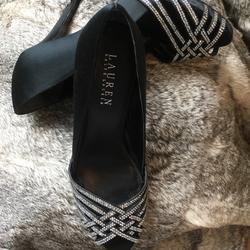 Ralph Lauren Shoes | Authentic Ralph Lauren Satin Jeweled High Heels. | Color: Black | Size: 7.5
