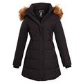 shelikes Womens Ladies Long Faux Fur Trim Hood Fitted Quilted Jacket Puffer Coat Parka [Black UK 14]