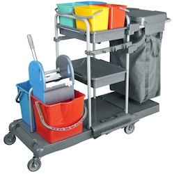 CleanSV® Tyson 6 Profi PE Reinigungswagen Systemwagen, 2 x 17 Liter Eimern, 4 x 5 Liter Eimer, 3 Ablagen, Müllsackhalter Image