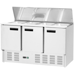 Stalgast Saladette mit Teleskopdeckel, drei Türen, für 16 x GN 1/4 (150 mm), Abmessung 1365 x 700 x 885 mm (BxTxH)