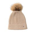 SANSUILOKE 100% Cashmere Knit Beanie Hat for Women Fur Pom-Pom Hat for Ladies Cuffed Beanie Pure Cashmere Knitted Caps for Cold Weather (Beige)