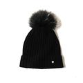 SANSUILOKE 100% Cashmere Knit Beanie Hat for Women Fur Pom-Pom Hat for Ladies Cuffed Beanie Pure Cashmere Knitted Caps for Cold Weather (Black)
