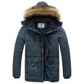 WenVen Men's Winter Casual Fleece Coat Classic Cotton Outdoor Jacket Faux Fur Trimmed Hood Coats Mid-Length Windproof Parka Jacket Grey S