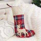 The Holiday Aisle® Christmas Reindeer Plaid Embroidered Classic Xmas Sock Stocking Polyester in Blue/Brown/Red | 20 H x 13 W in | Wayfair
