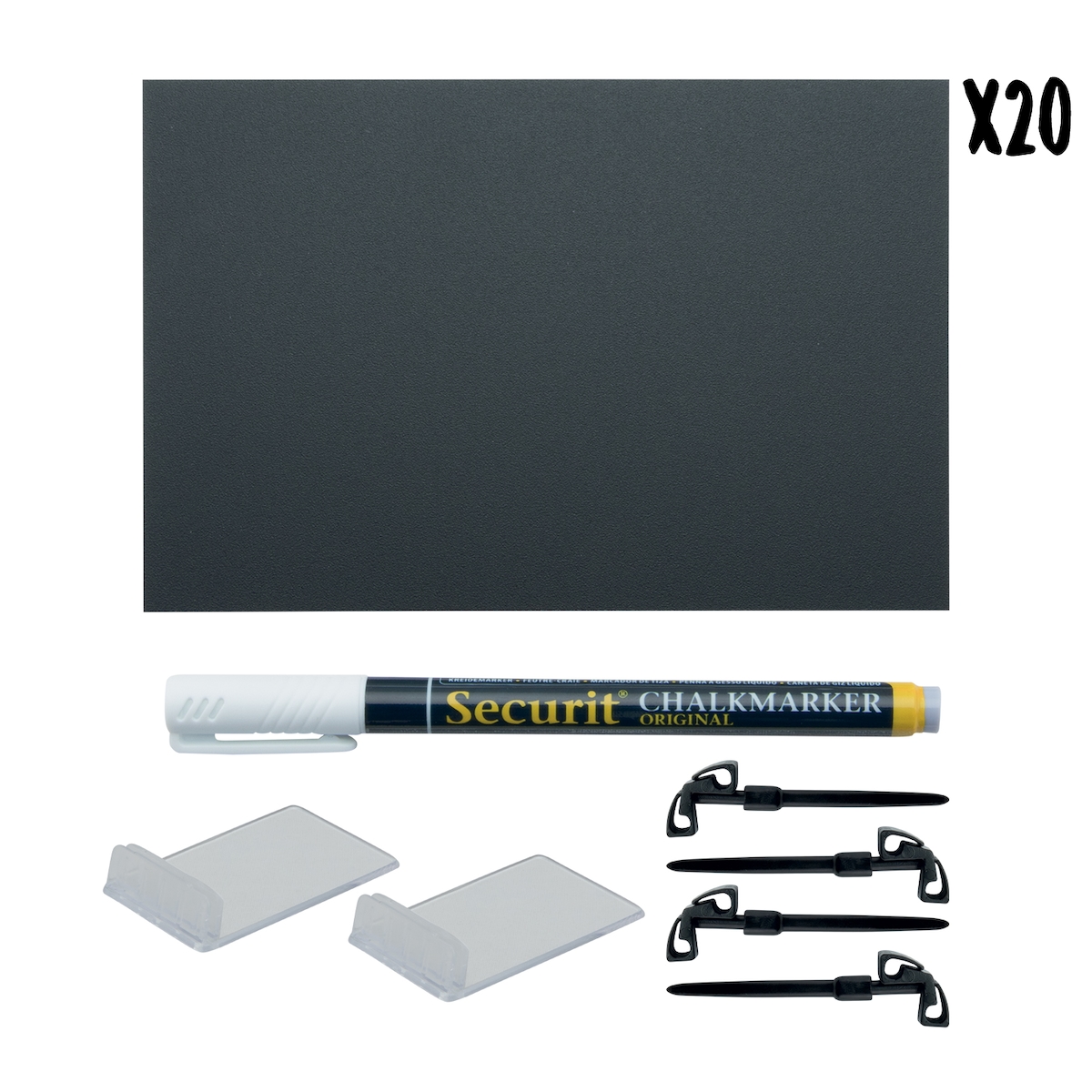 Securit® 20er-Set Tischtafeln "Tags" A6 - Schwarz - Weißer Kreidestift und Zubehör inklusive Image
