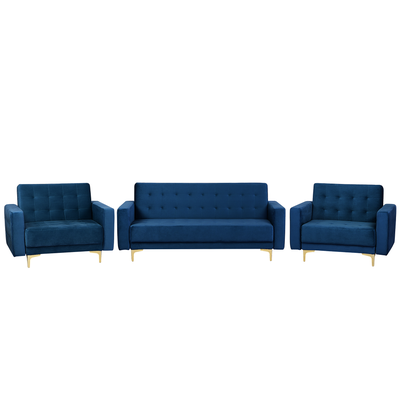 Sofa Set Dunkelblau Samtstoff Sitzgruppe Schlaffunktion Klassisch Wohnzimmer