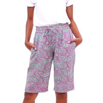 Gingko Leaf,'Batik Rayon Shorts in Mint and Magenta from Bali'