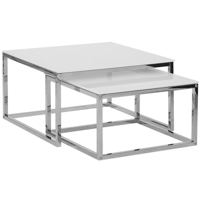 Couchtisch 2er Set Weiß mit Silber Glastischplatte Metallbeinen Poliert Minimalistisch Quadratisch Modern