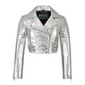 Ladies Biker Metallic Leather Jacket Cropped Short Body Style Real Lambskin 5625 (20 for Bust 98 cm, Metallic Silver)