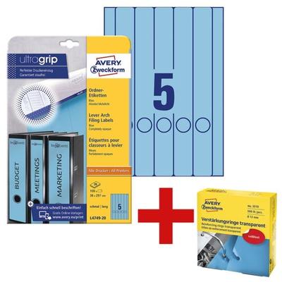 Avery Zweckform Selbstklebende Ordnerrücken-Etiketten inkl. Verstärkungsringe »3510 / 3508« gege blau, 5 cm Image