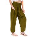 Lofbaz Damen Haremshose Yogahose Pumphose Hippie Hose Boho Kleidung Festival Outfit Sommerhose Leicht Sommer Hosen - Solid 1 Dunkelgrün 3XL Große Größen