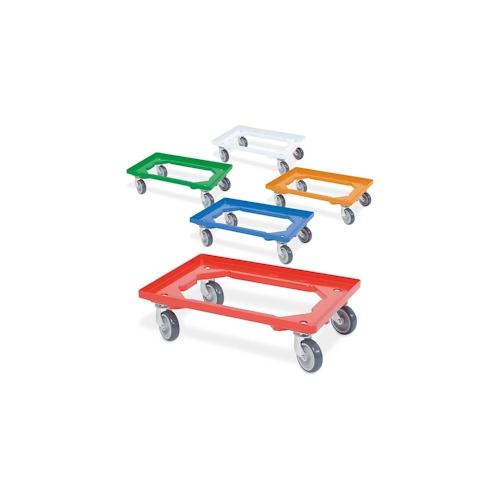 Set, 5x Logistikroller/Kistenroller für Behälter 600 x 400 mm, je 1 Roller in blau, grün, orange, rot, weiß