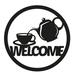 Winston Porter Charlevoix Round Welcome Sign w/ Coffee Tea Pot Laser Cut Solid Steel Wall Sign Hanging Metal in Gray | Wayfair