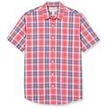 Amazon Essentials Herren Kurzärmeliges Hemd aus Popeline, Normale Passform, Verwaschenes Rot Fensterkaros, XL