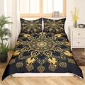 Bohemian Mandala Duvet Cover Set Double, Black Golden Boho Chic Mandala Bedding Set 3 pcs Soft Microfiber Decorative Gold Mandala Comforter Cover with Zipper , Mandala Floral Printed Bed Cover