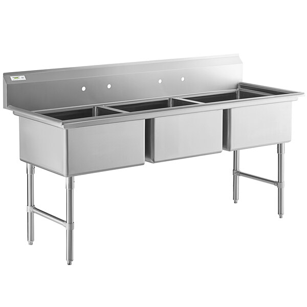 Regency 78" 16-Gauge Stainless Steel Three Compartment Commercial Sink with Stainless Steel Legs, Cross Bracing, and without Drainboards - 23" x 23" x 12" Bowls