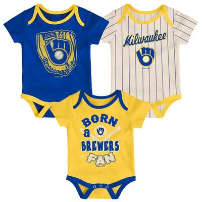 Newborn Royal/Gold/Cream Milwaukee Brewers Three-Pack Number One Bodysuit, Infant Boy's, Size: 6-9 M