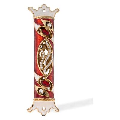 Hand Painted Mezuzah Embellished with a Royal Red Design 24K Gold Plated, 4.5"