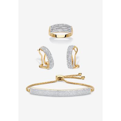 18K Gold-Plated Diamond Accent Demi Hoop Earrings, Ring and Adjustable Bolo Bracelet Set 9" by PalmBeach Jewelry in Gold (Size 9)