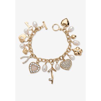 Gold Tone Charm Bracelet Crystal and Cultured Freshwater Pearl 8" by PalmBeach Jewelry in Crystal