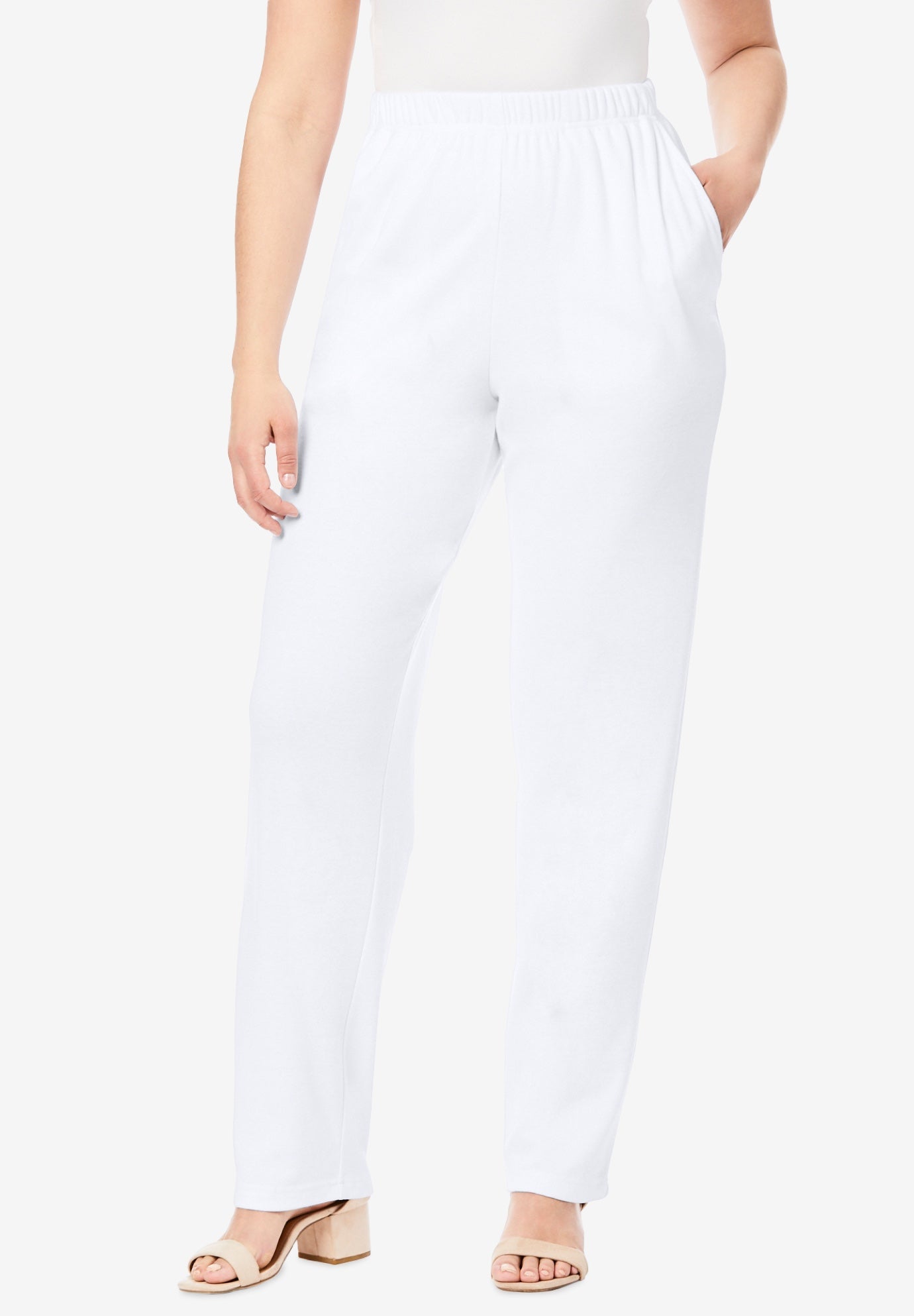 Plus Size Women's Plus Size Straight Leg Soft Knit Pull On Pant by Roaman's in White (Size 1X) Pull On Elastic Waist