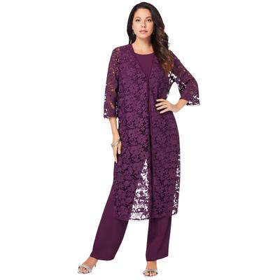Plus Size Women's Three-Piece Lace Duster & Pant Suit by Roaman's in Dark Berry (Size 32 W) Duster, Tank, Formal Evening Wide Leg Trousers