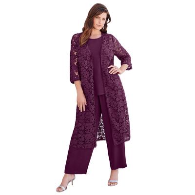 Plus Size Women's Three-Piece Lace Duster & Pant Suit by Roaman's in Dark Berry (Size 32 W) Duster, Tank, Formal Evening Wide Leg Trousers