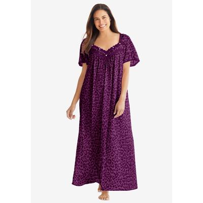 Plus Size Women's Long Silky Lace-Trim Gown by Only Necessities in Dark Berry Animal (Size L) Pajamas