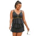 Plus Size Women's Crochet-Trim Tankini Top by Swim 365 in Black Gold Trim (Size 32)