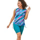 Plus Size Women's Chlorine Resistant Swim Tank Coverup with Side Ties by Swim 365 in Teal Painterly Stripes (Size 34/36) Swimsuit Cover Up
