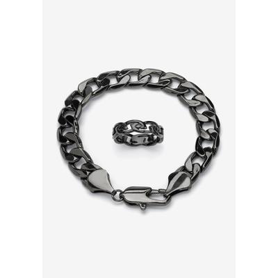 Men's Big & Tall Black Ruthenium-Plated Curb-Link 9" Bracelet and Ring Set by PalmBeach Jewelry in Stainless Steel (Size 9)
