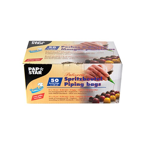 Papstar 50 Spritzbeutel 21 cm x 12 cm transparent "Patisserie" griffig, inkl. 50 Tüllen Image