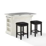 Julia Stainless Steel Top Island W/Uph Square Stools White/Black - Kitchen Island, 2 Counter Height Bar Stools - Crosley KF30063WH-BK