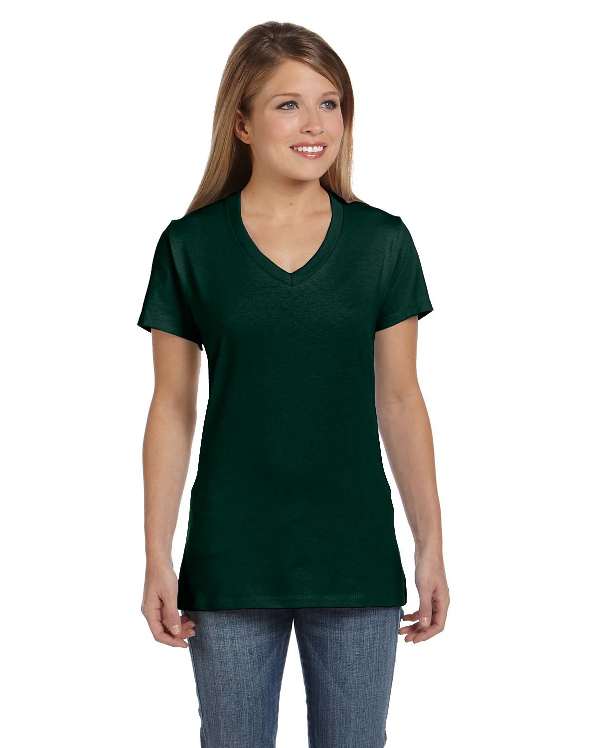 Hanes S04V Women's Perfect-T V-Neck T-Shirt in Deep Forest Green size Large | Ringspun Cotton