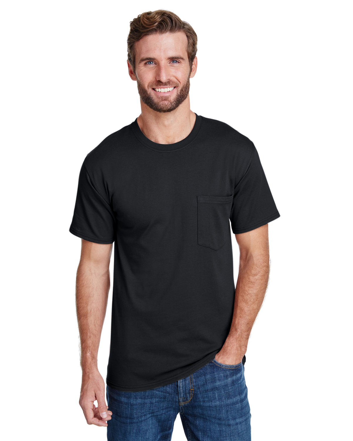 Hanes W110 Adult Workwear Pocket T-Shirt in Black size Large | Cotton/Polyester Blend