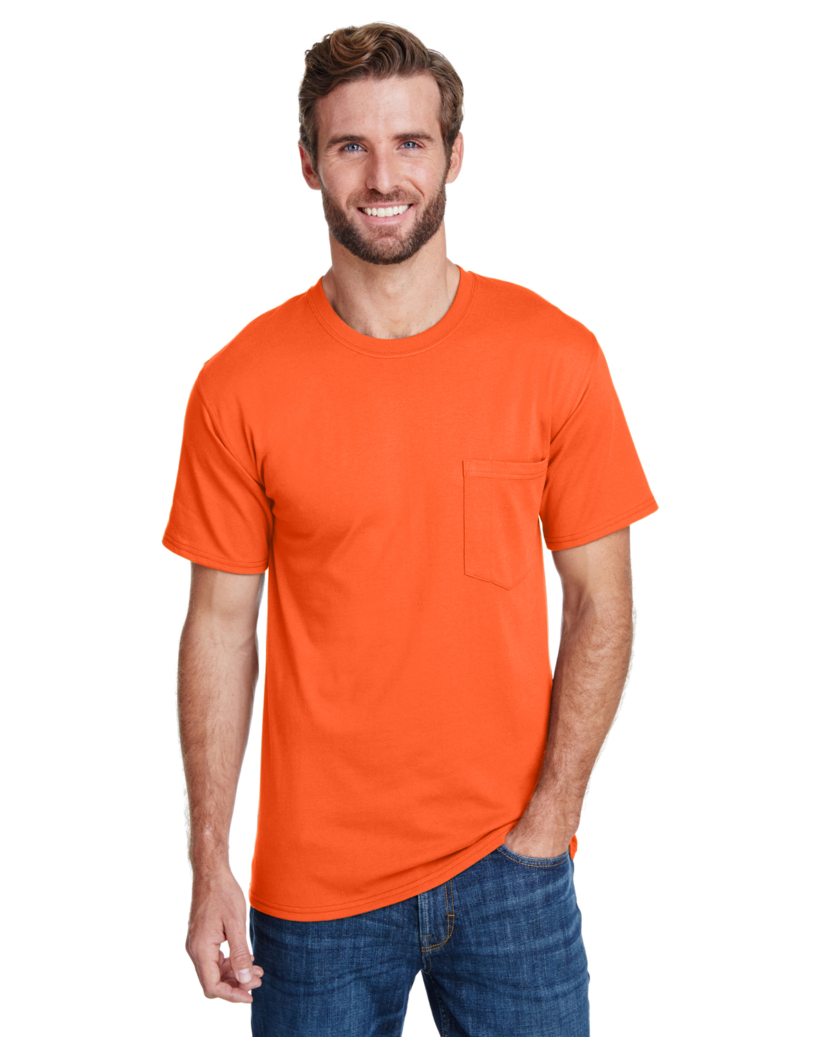 Hanes W110 Adult Workwear Pocket T-Shirt in Safety Orange size Small | Cotton/Polyester Blend