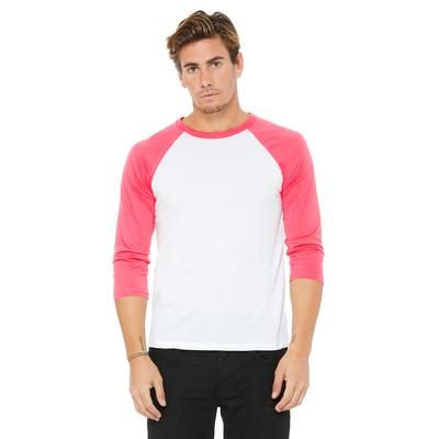 Bella + Canvas 3200 3/4-Sleeve Baseball T-Shirt in White/Neon Pink size Large | Ringspun Cotton B3200, BC3200