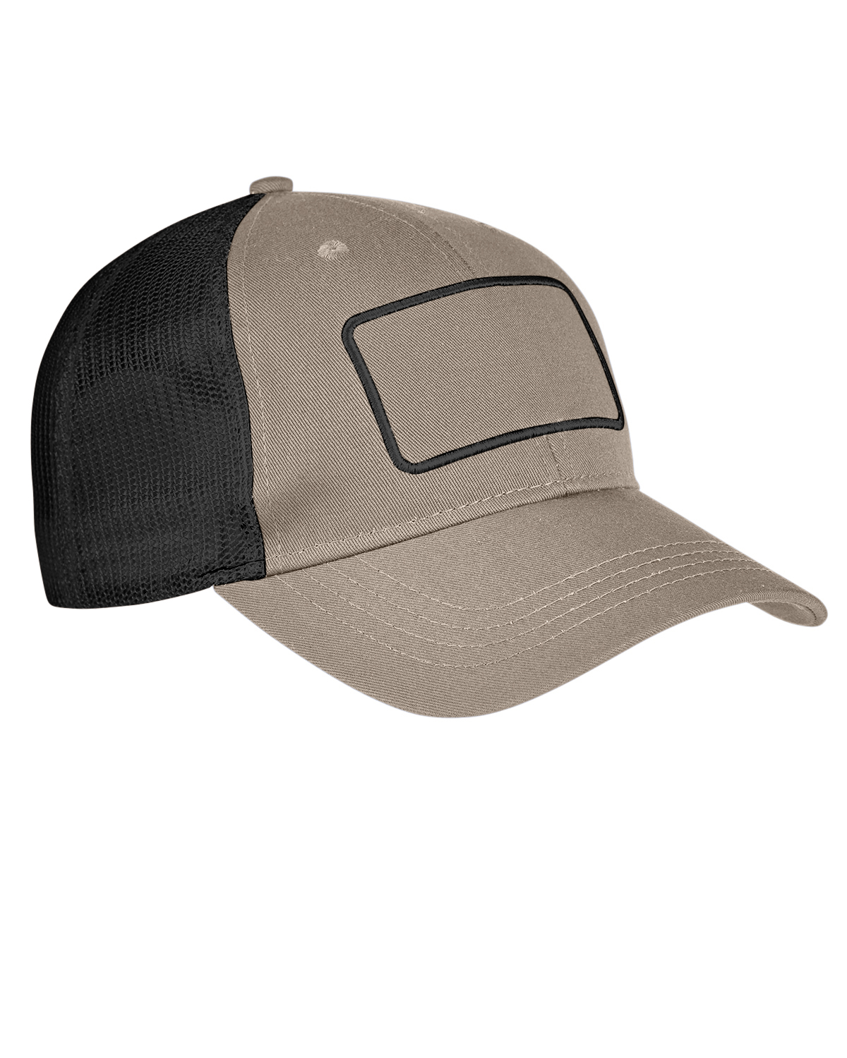 Big Accessories BA656T Patch Trucker Cap in Khaki/Black/Black | Polyester