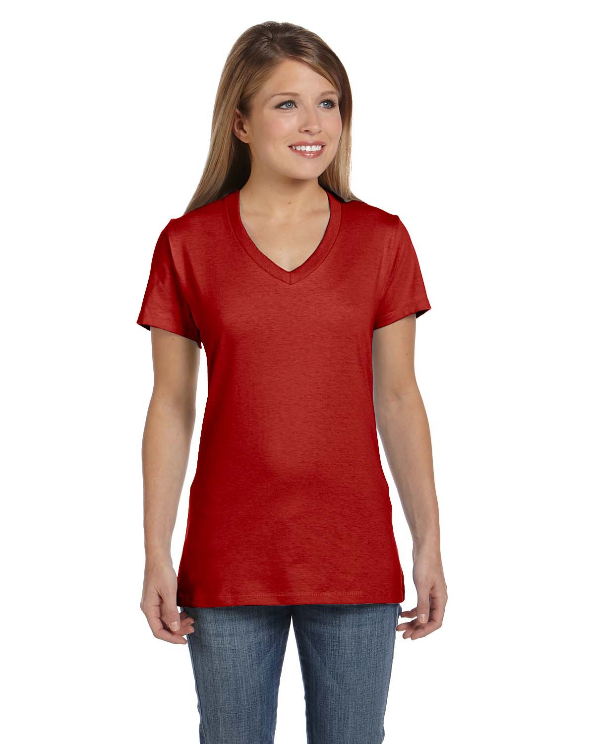 Hanes S04V Women's Perfect-T V-Neck T-Shirt in Deep Red size Large | Ringspun Cotton