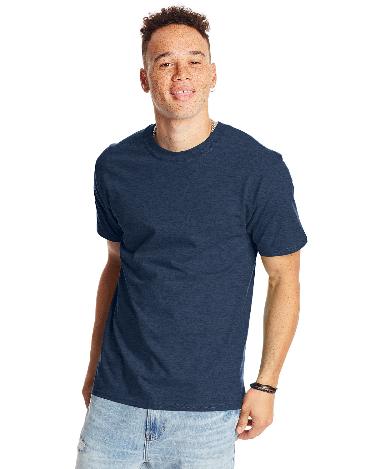 Hanes 5180 Beefy-T-Shirt - Cotton T-Shirt in Heather Navy Blue size XL | Ringspun