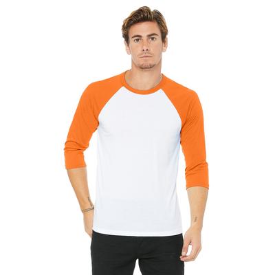 Bella + Canvas 3200 3/4-Sleeve Baseball T-Shirt in White/Neon Orange size XL | Ringspun Cotton B3200, BC3200