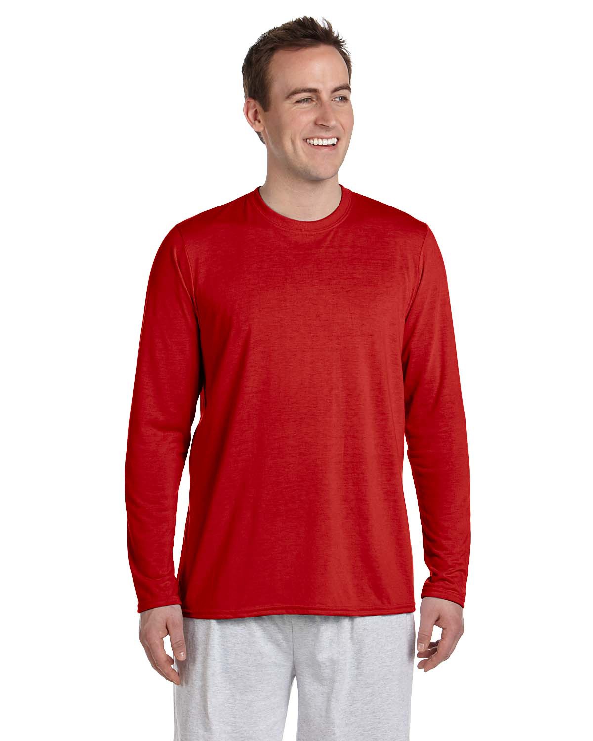 Gildan G424 Athletic Performance Long Sleeve T-Shirt in Red size Medium | Polyester G42400, 42400